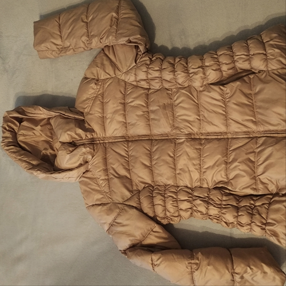 Guess, women tan puffer jacket,
